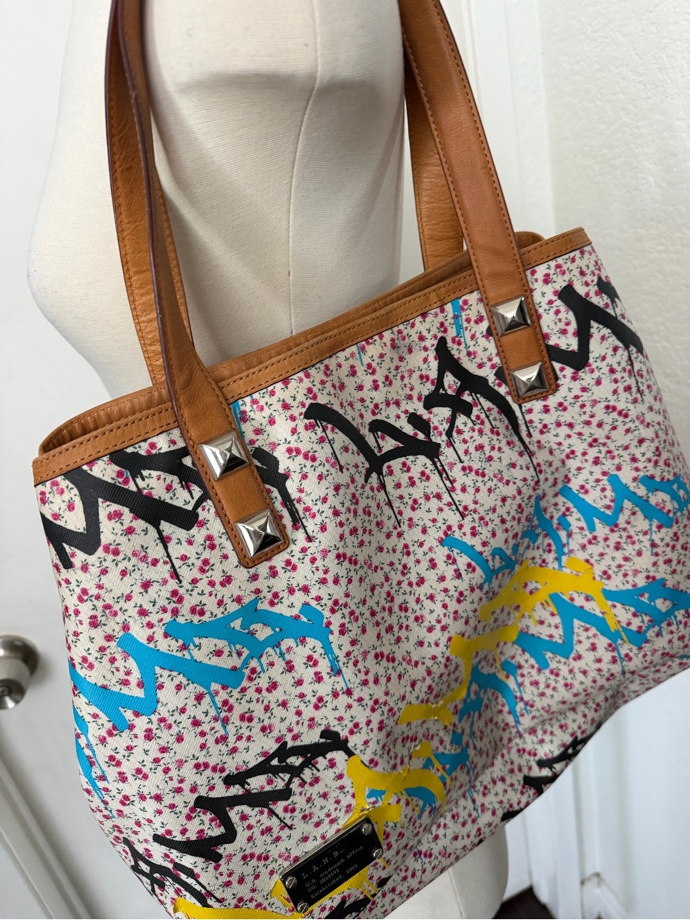 L.A.M.B. Floral Graffiti Canvas Tote with Tan Handles - Picture 3 of 9